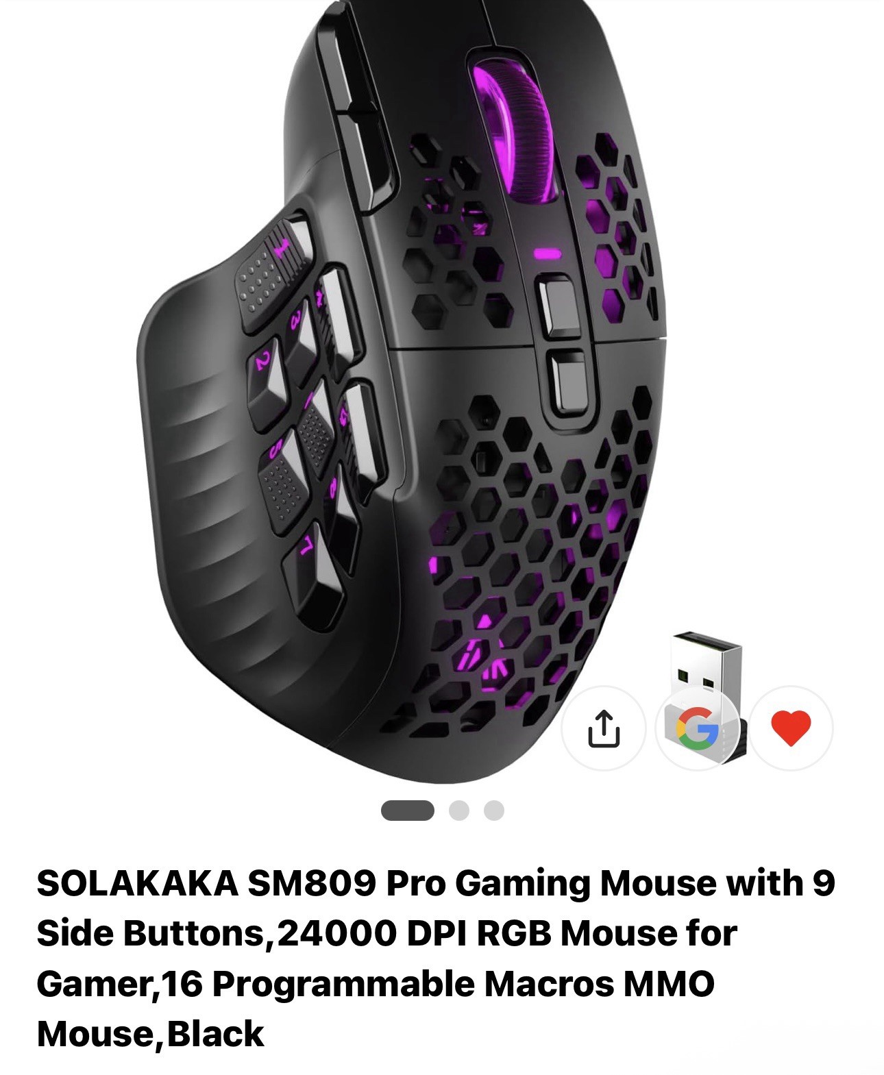 SOLAKAKA SM809 Pro Gaming Mouse 24000 DPI RGB Wireless Bluetooth 9 Buttons Black