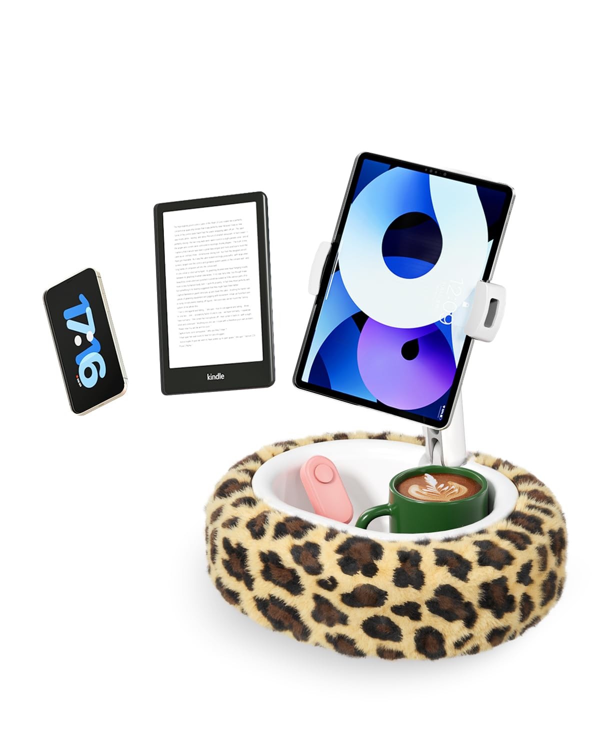 SupeDesk Kindle Pillow Stand with Leopard Print – Soft Tablet Holder with Snack