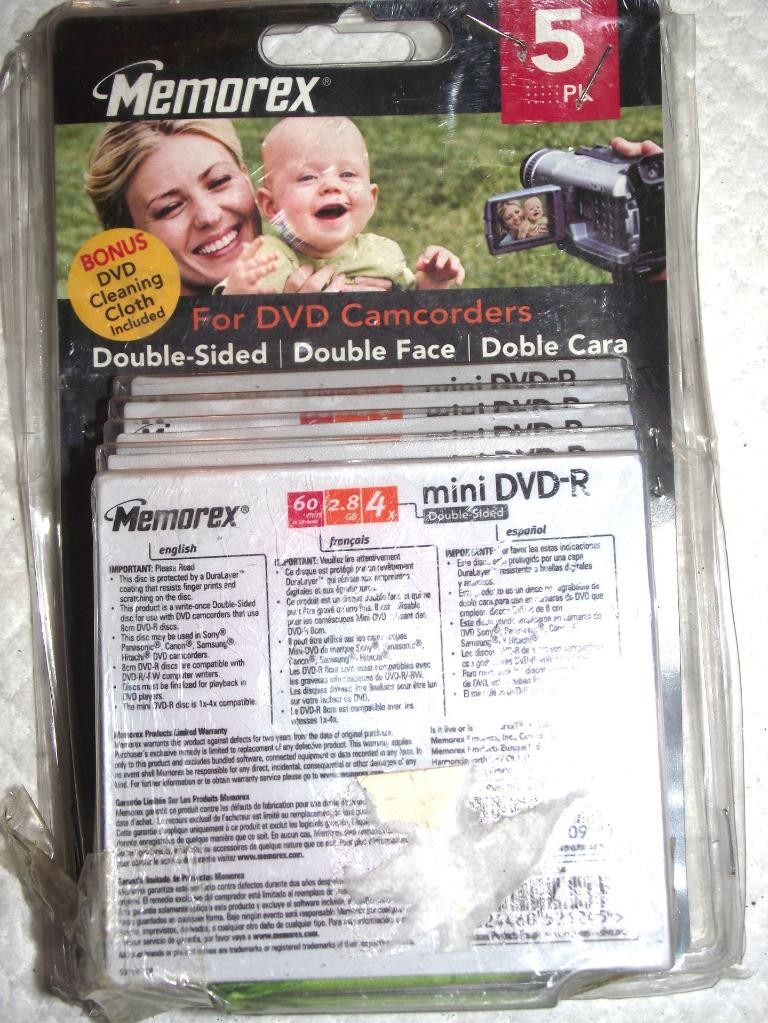 MEMOREX PACK OF 5 MINI DVD-R DOUBLE SIDED DISCS, 60 MINUTES, NEW