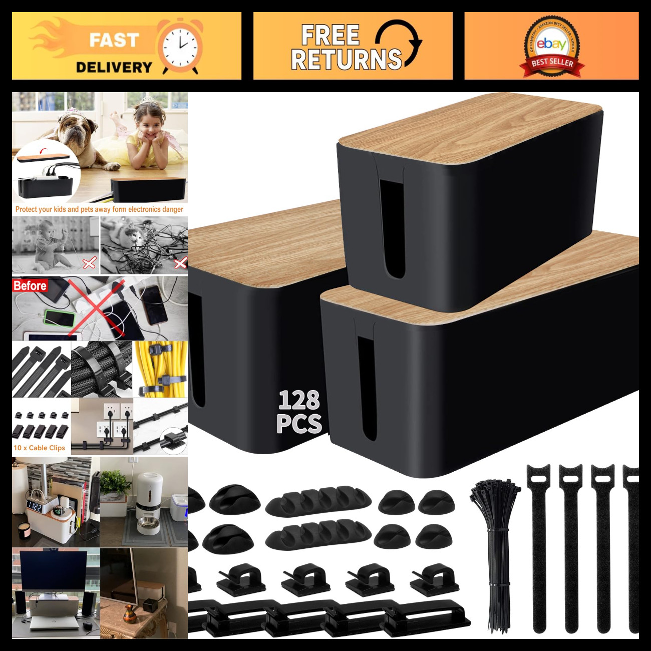128PCS Cable Management Kit - 3 Pack Cord Hider Box for Power Strips, Wire Organ