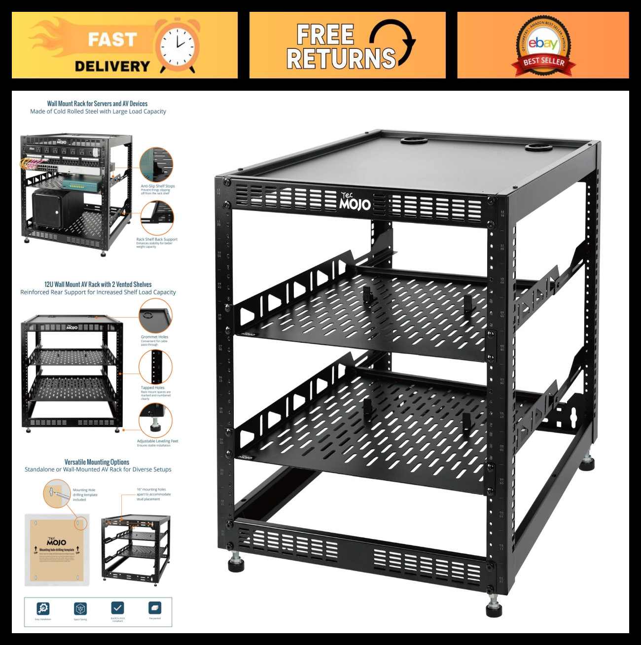12U Open Frame Network Rack for IT & AV Gear - Floor/Wall Mount, 2x 1U Shelves