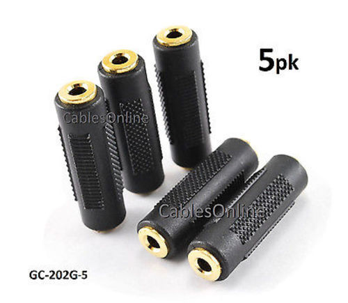 5-PACK 3.5mm Stereo Barrel Connector F/F Coupler Gender Changer, Black/Gold