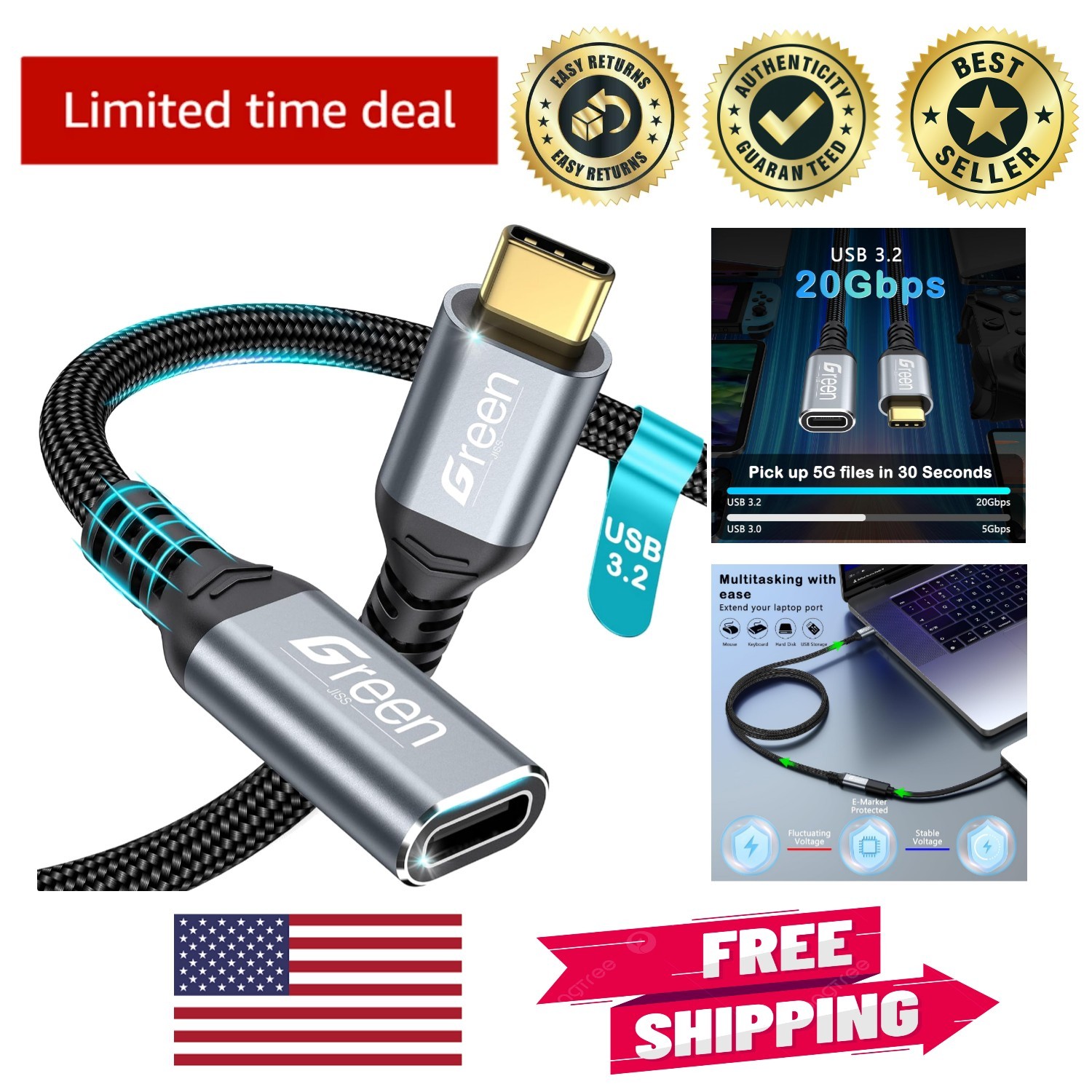 Durable 3.3ft USB-C Extension Cable with 20Gbps Transfer & 240W Charging Power