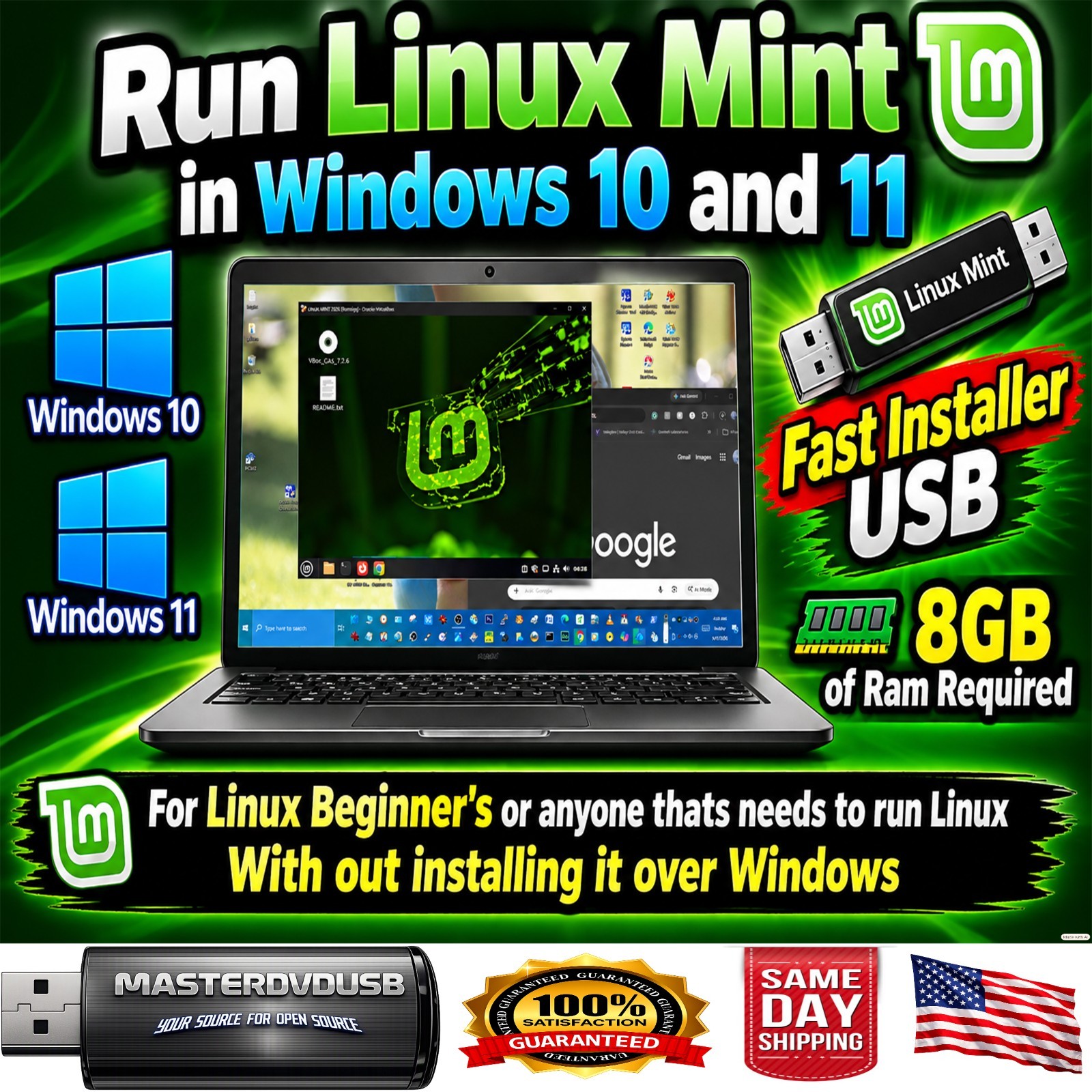 Linux Mint VirtualBox USB – Fast Installer USB for Windows 10 & 11 Fast Shipping