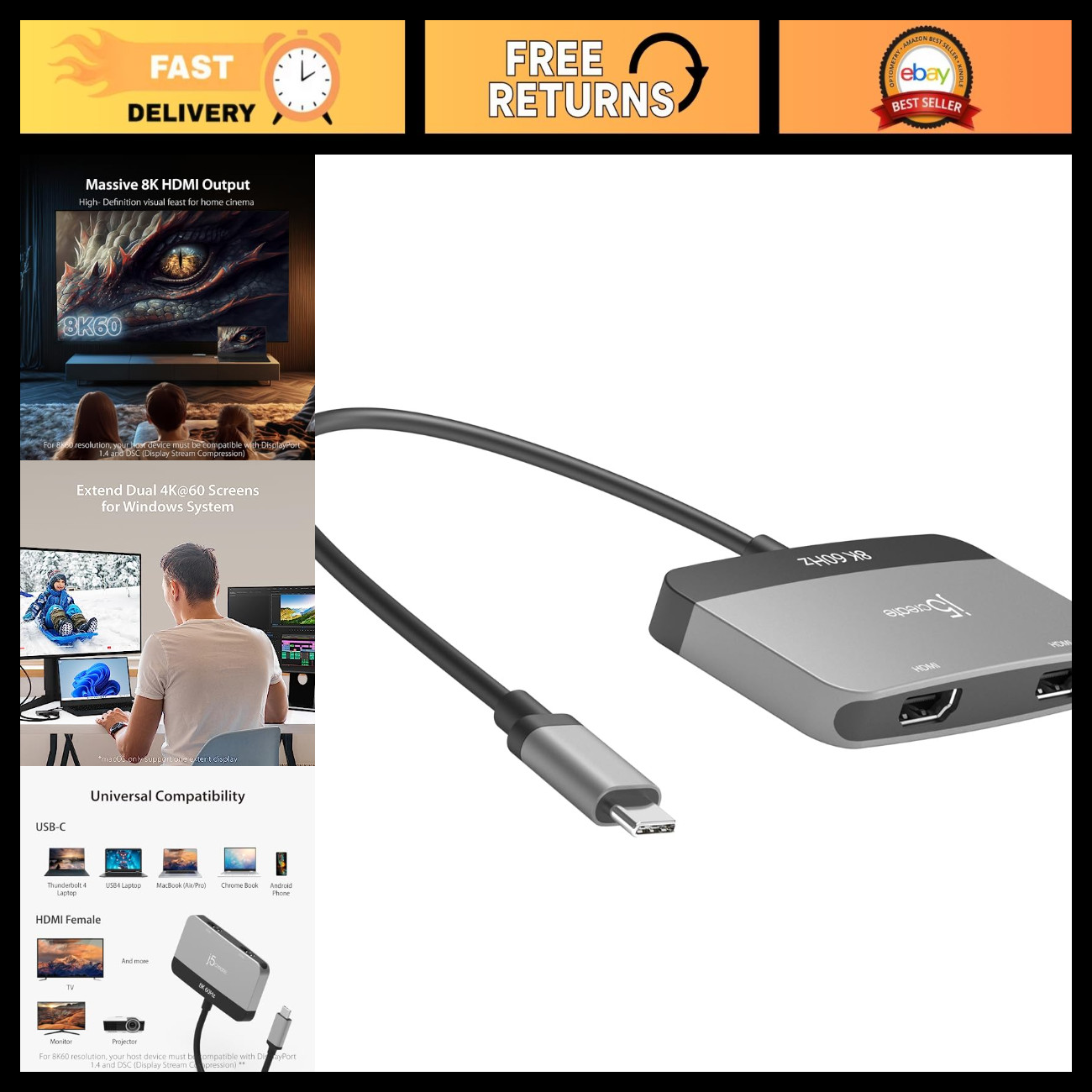 8K USB Type C to Dual HDMI Display Adapter - Multi-Monitor Support, High Resolut