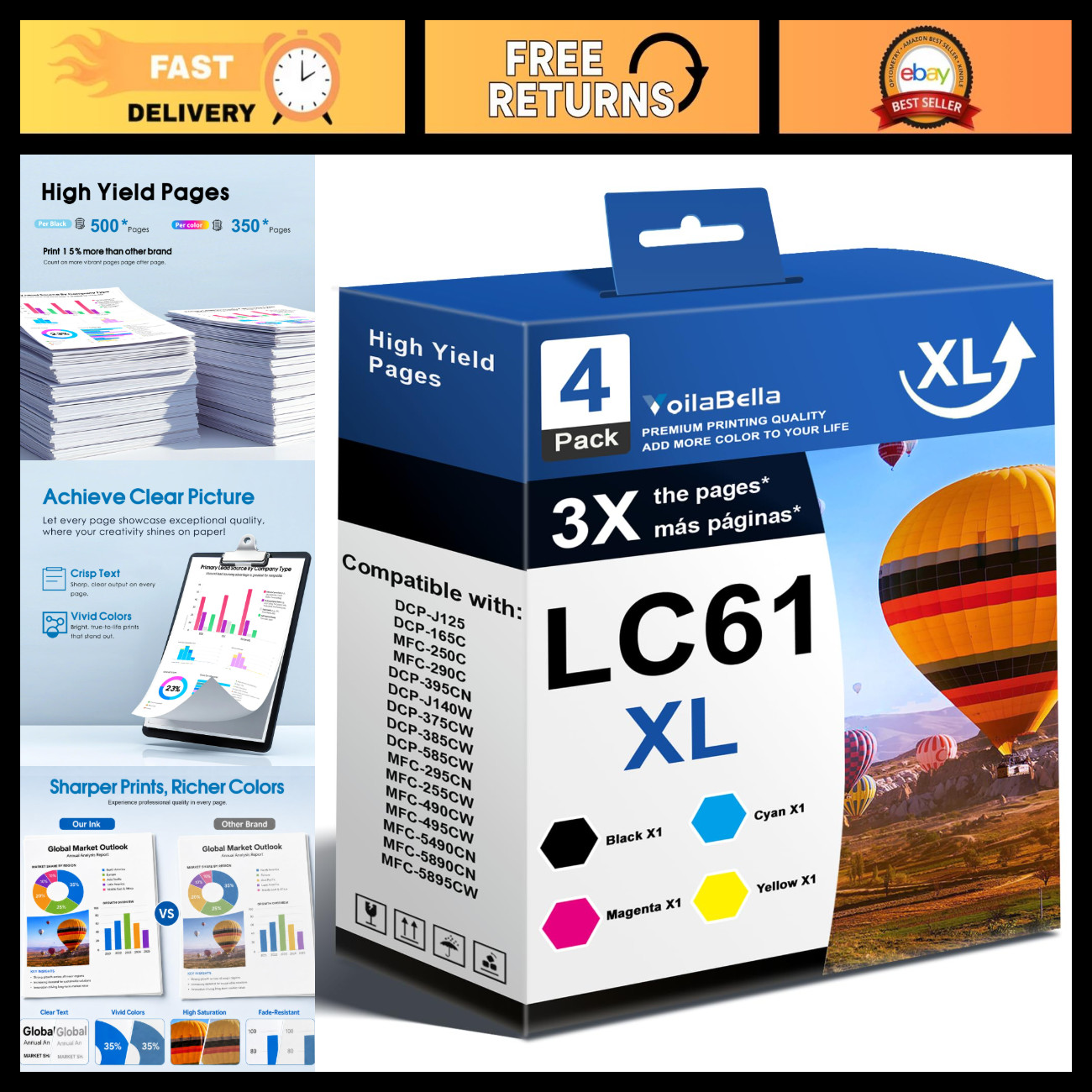 High-Yield Ink Cartridge Set 4-Pack Replacement for Brother LC61XL - Compatible