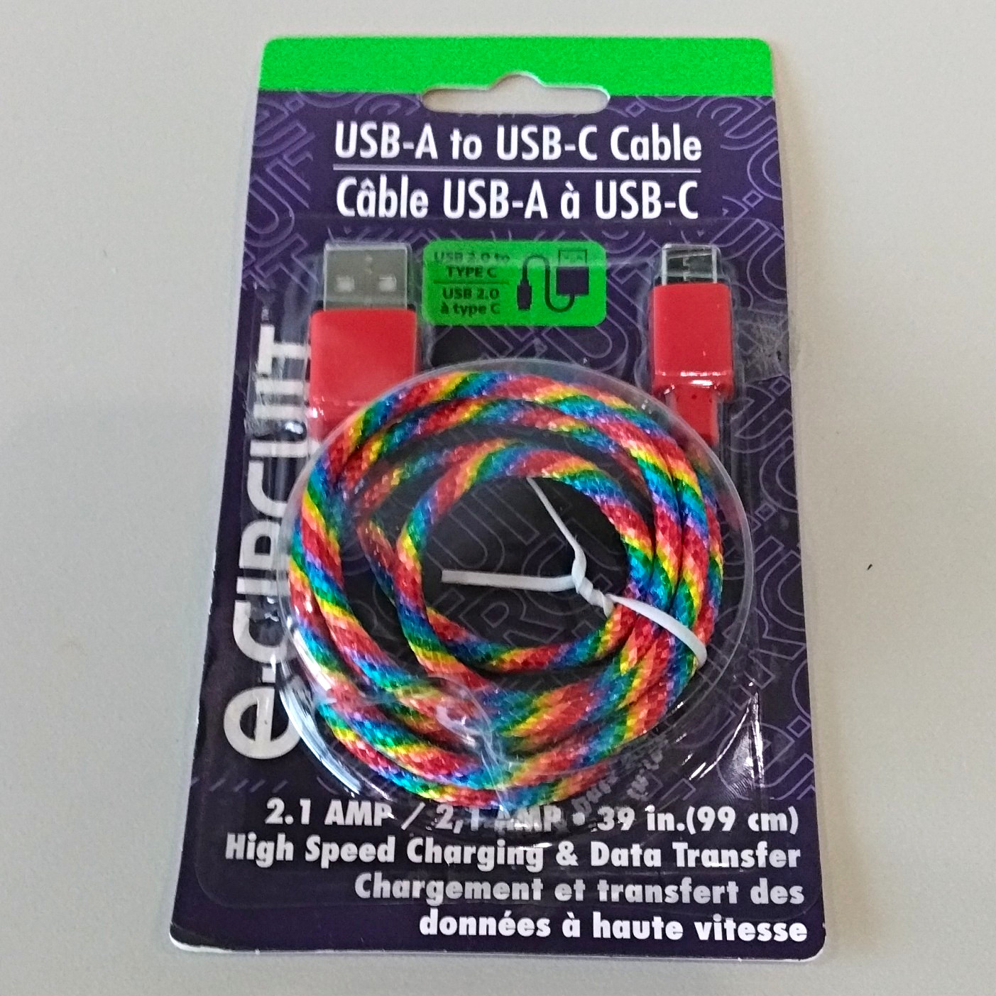 eCircuit USB-A to USB-C Braided Cable, 39 in Multicolor (Red)