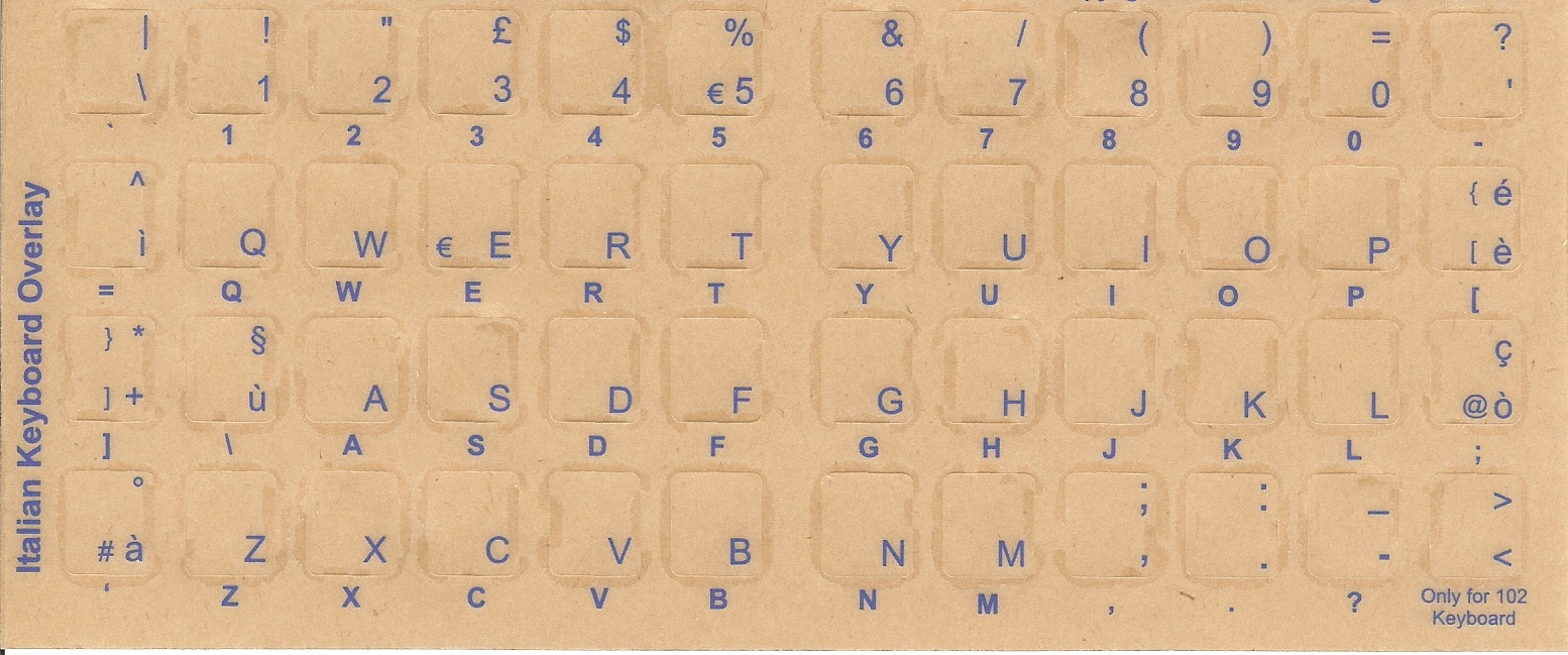 Italian Keyboard Stickers w Reverse Print Blue Letters