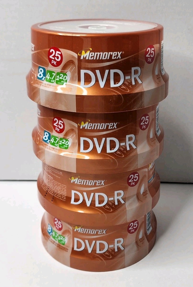 Lot of 4 [25 Packs] - Memorex Recordable DVD-R [8x/4.7gb/120 Min] - New/Sealed