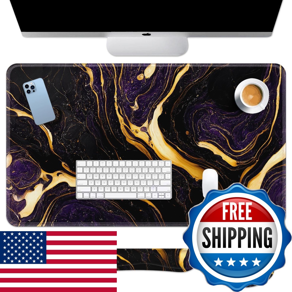 Britimes MK3122 Keyboard Mouse Pad Set 4 in 1 Desk Mat Purple Black Marble