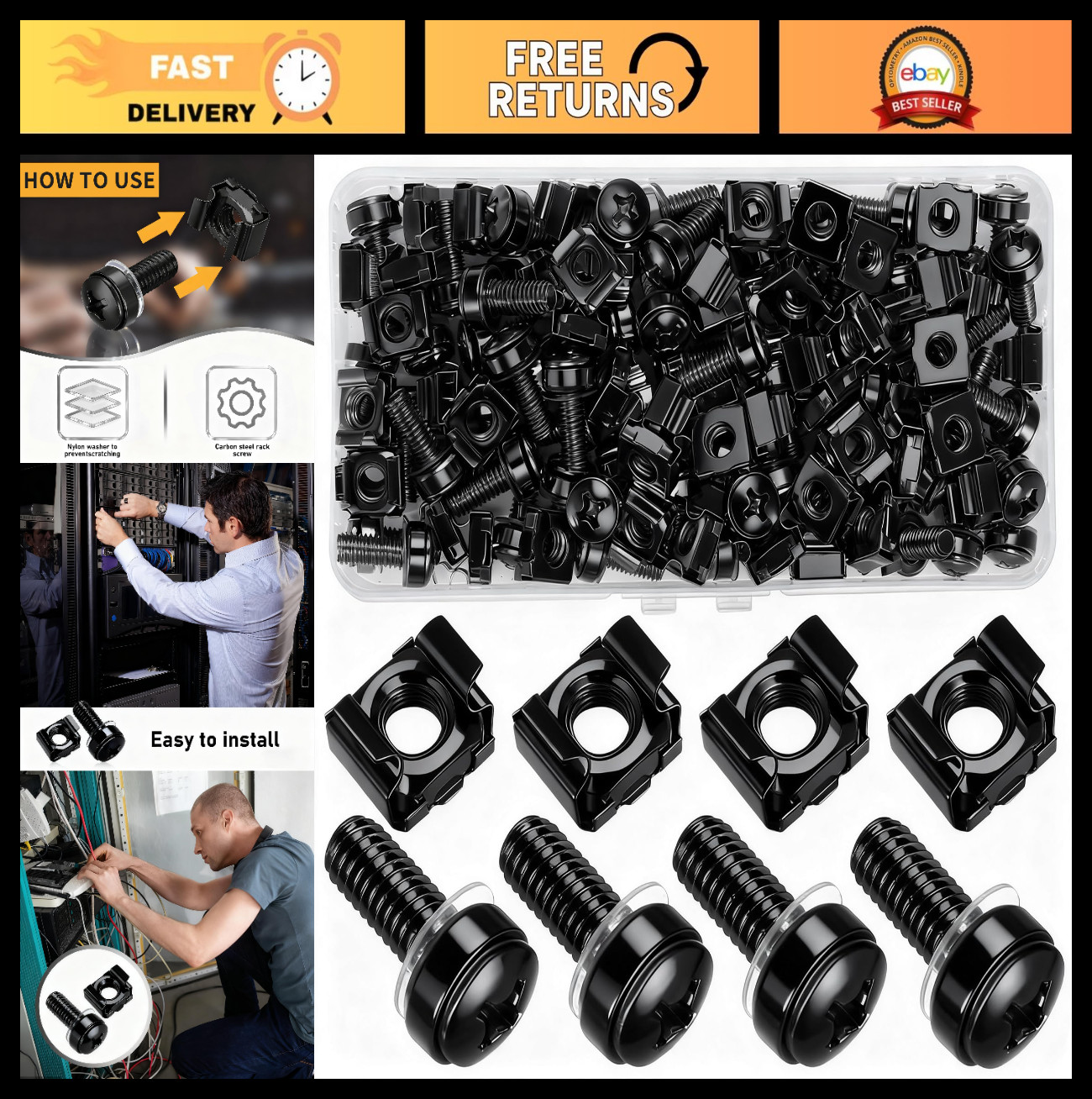 110 Pcs Rack Mount Screws & Cage Nuts Set, M6 x 20mm, Black Carbon Steel for Ser