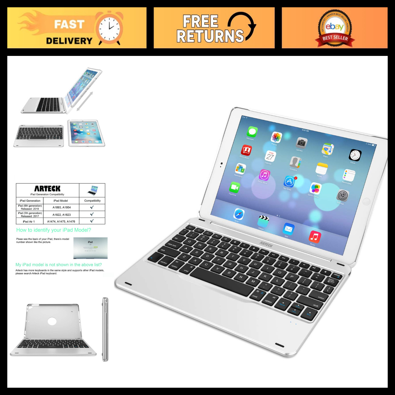 Ultra-Thin Bluetooth Keyboard Case for 9.7" iPad 6, 5 & Air 1 - 130° Swivel Desi