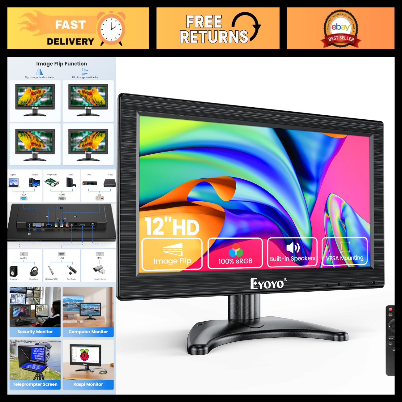 12" HD CCTV Monitor, 1366x768 Resolution, HDMI VGA AV BNC Inputs, Small Security