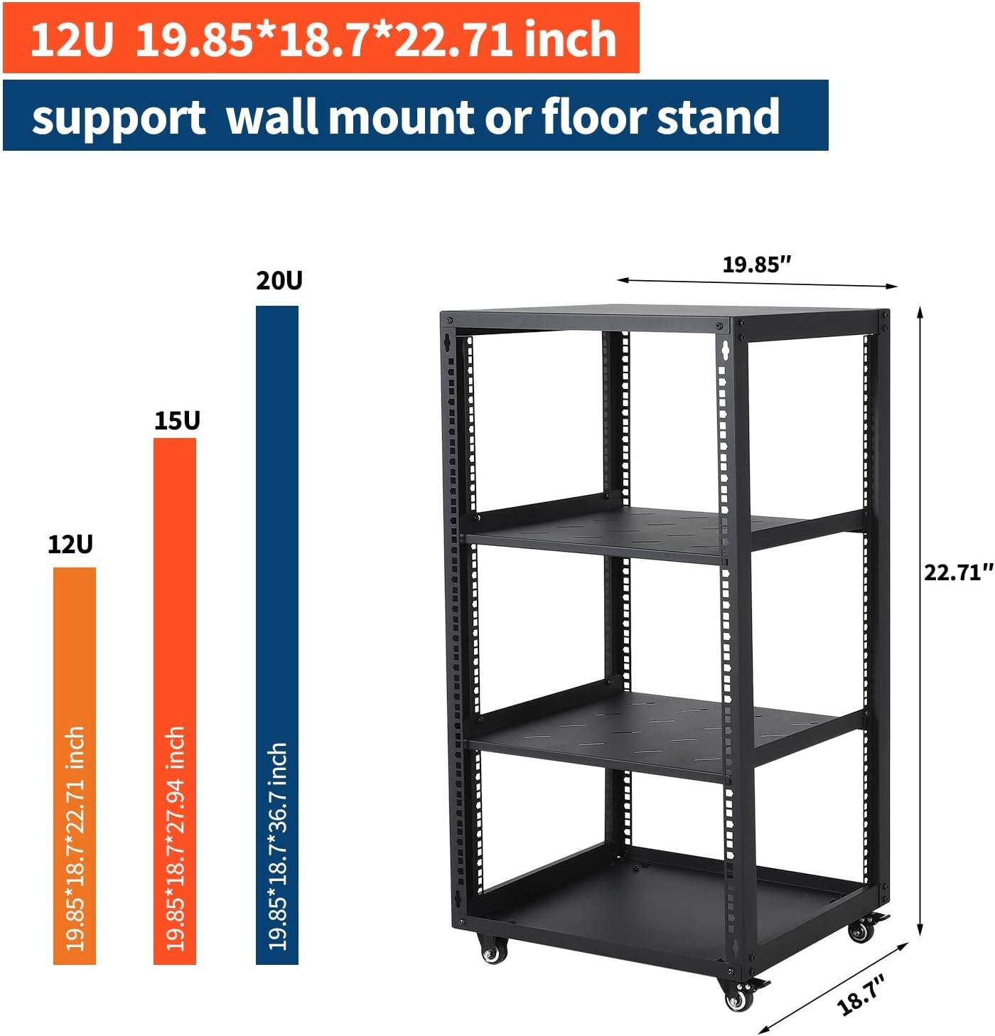 12U 15U 20U Heavy Duty Open Frame Network Rack with 4 Casters for IT & AV Gear