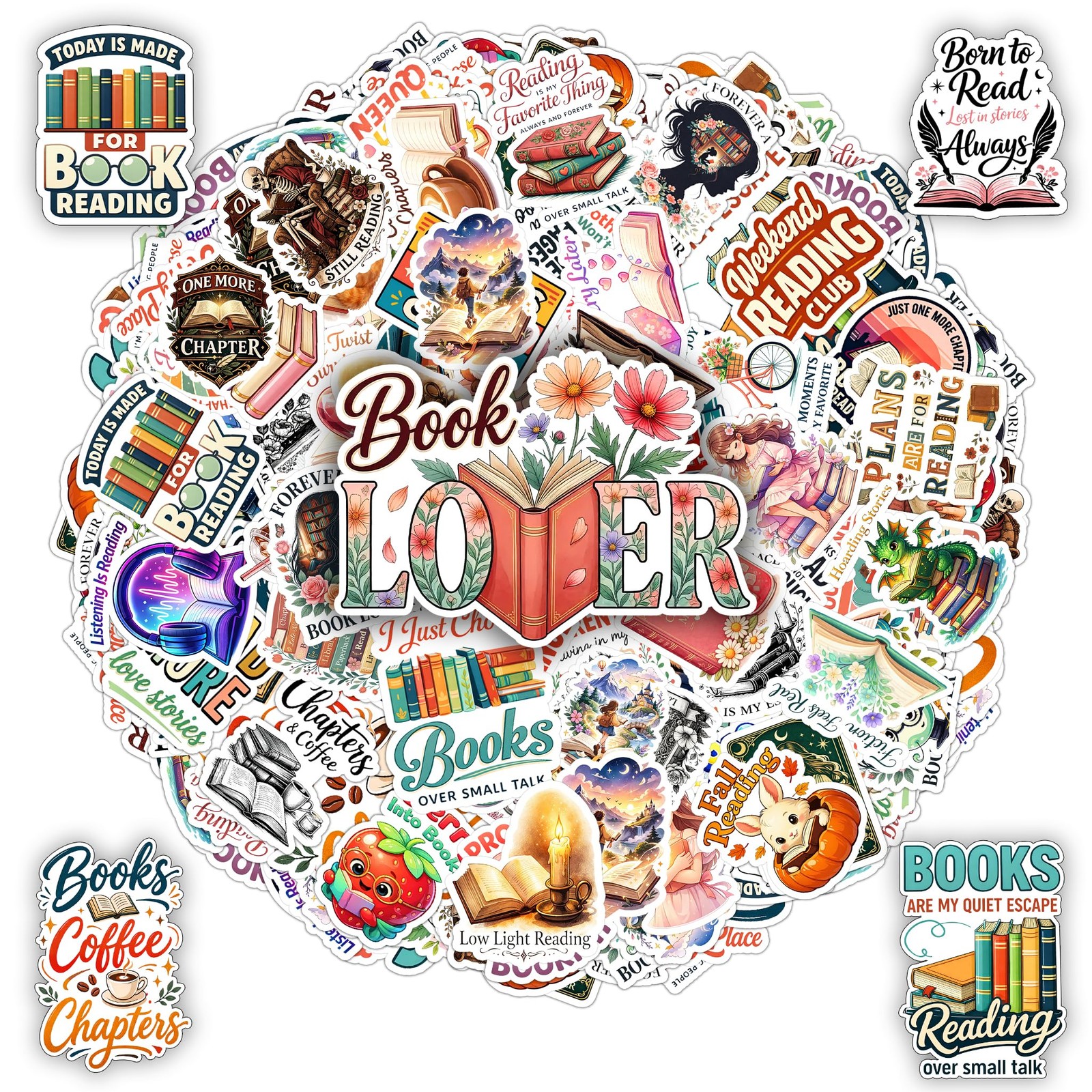 BETANAS 100 PCS Book Stickers, Library Coffee Bookish Stickers