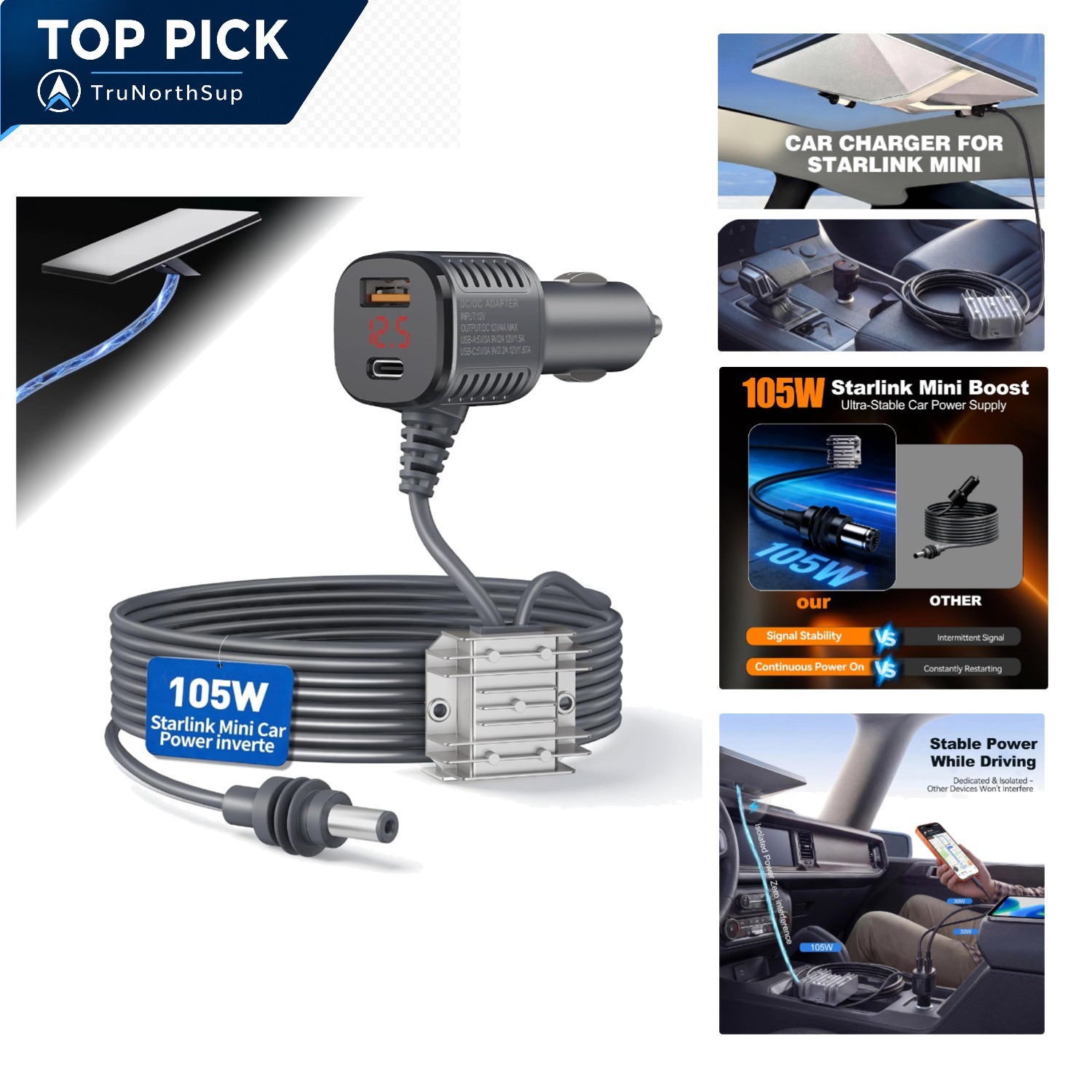 105W Starlink Mini Car Adapter with Digital Display 12V-24V DC Power Cable fo...