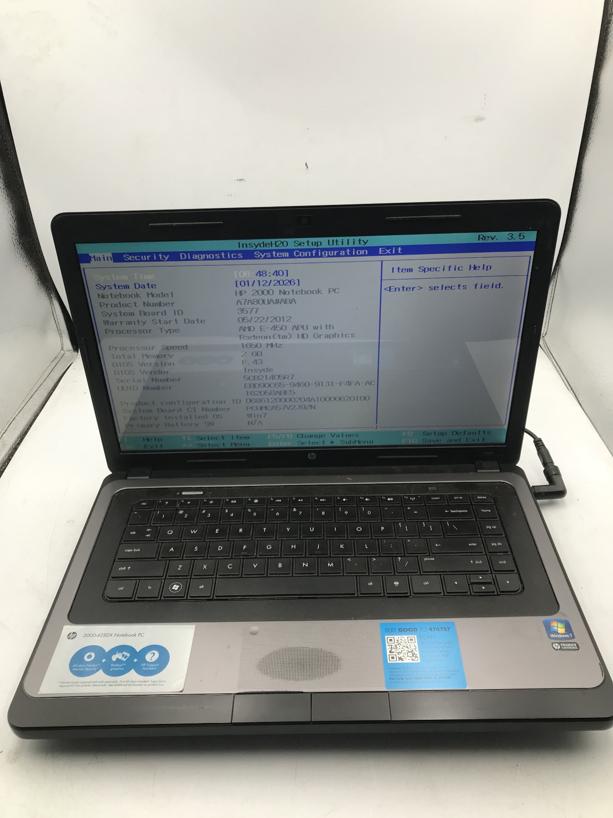 HP 2000 428DX NOTEBOOK - BOOTS TO BIOS - AMD E450 - NO RAM - READ DESCRIP - BB