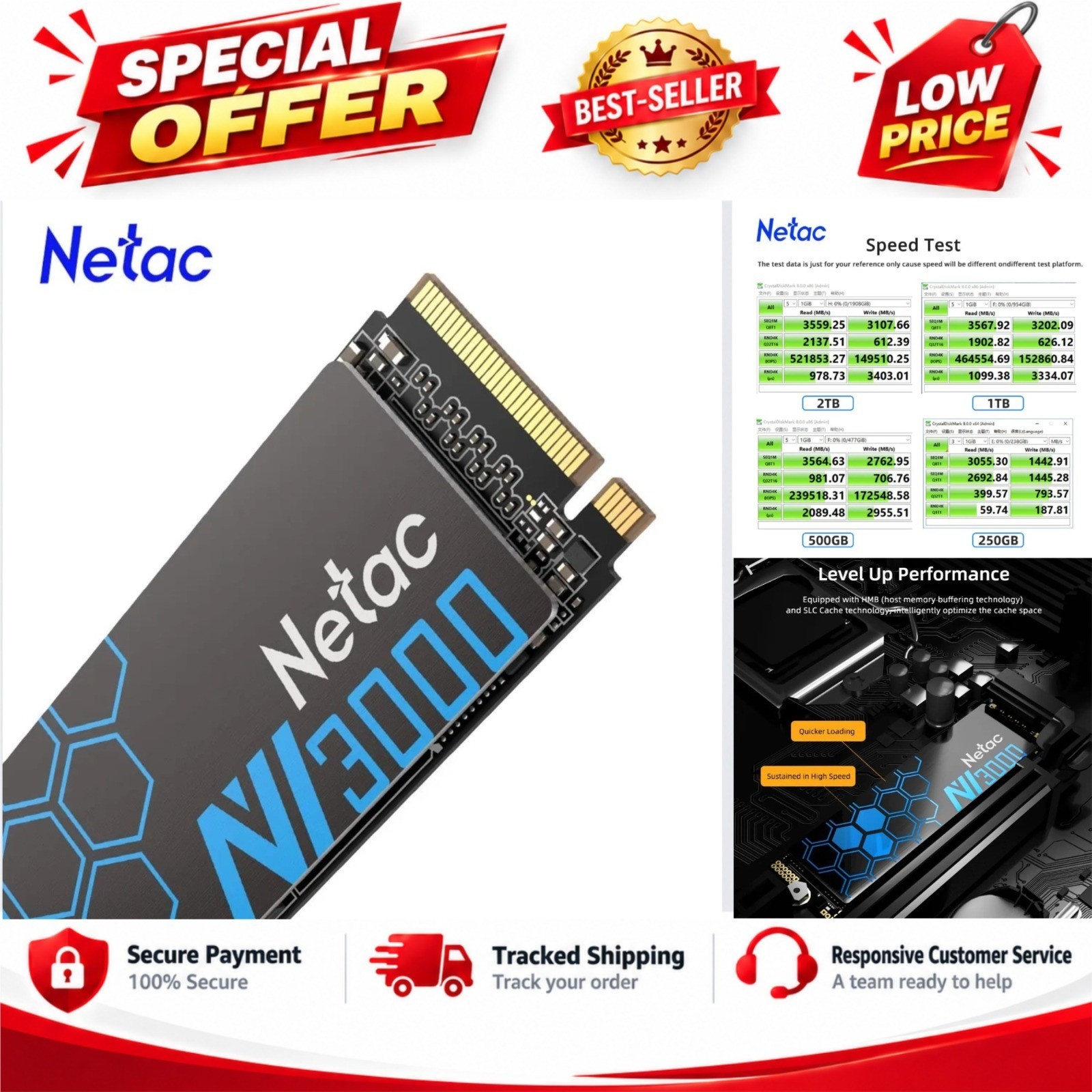 Netac NV3000 NVMe M.2 SSD PCIe 3.0 Internal Solid State Drive 250GB-2TB