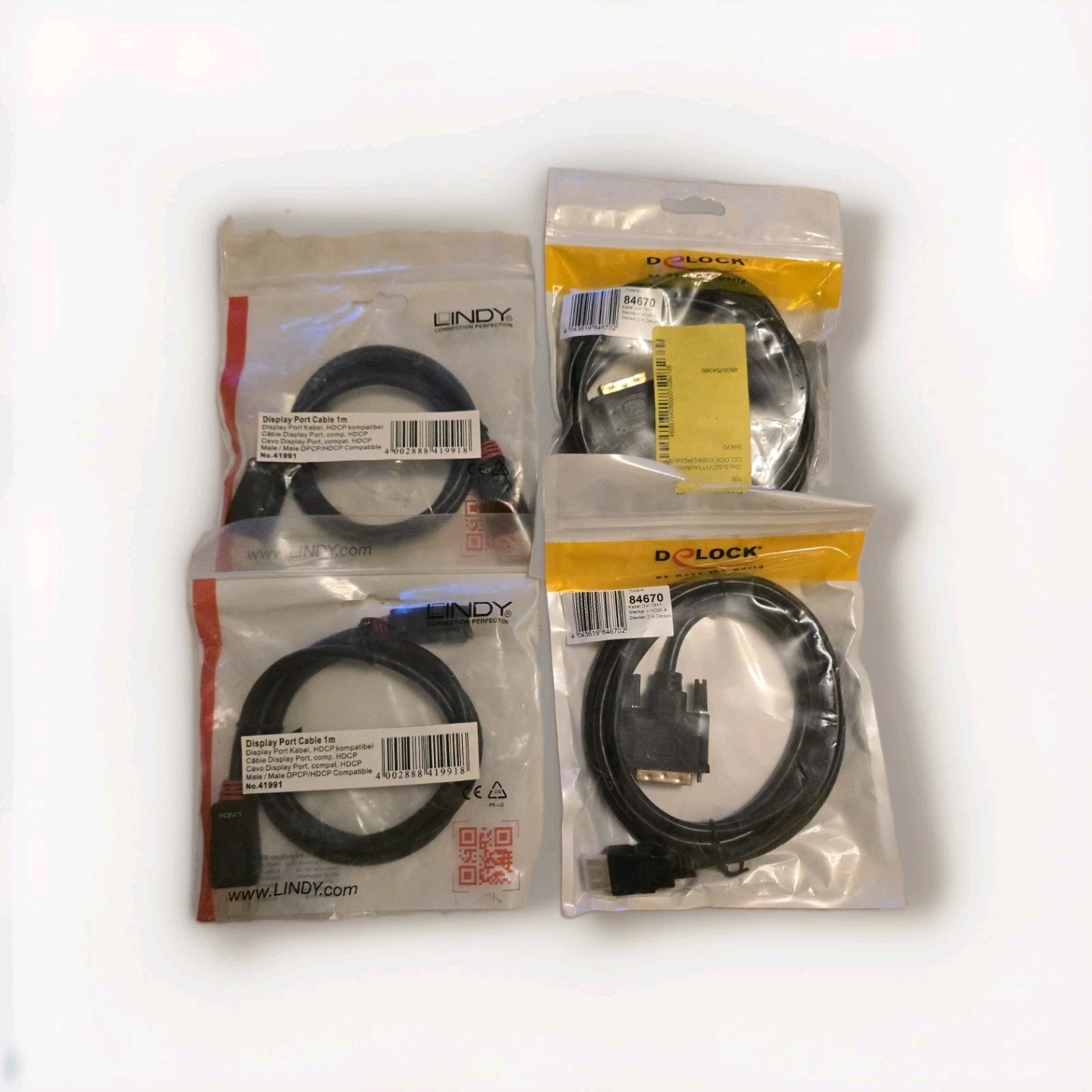 4x Lindy & Delock Cable Set - 2x DisplayPort 1m + 2x DVI-HDMI 2m - Original Packaging NEW