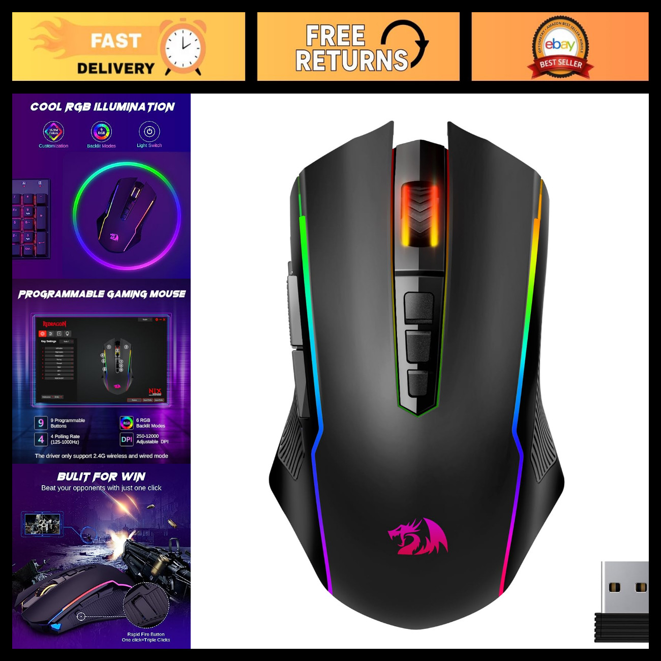 Wireless Gaming Mouse - Tri-Mode 2.4G/USB-C/Bluetooth, 12000 DPI, RGB, Rechargea