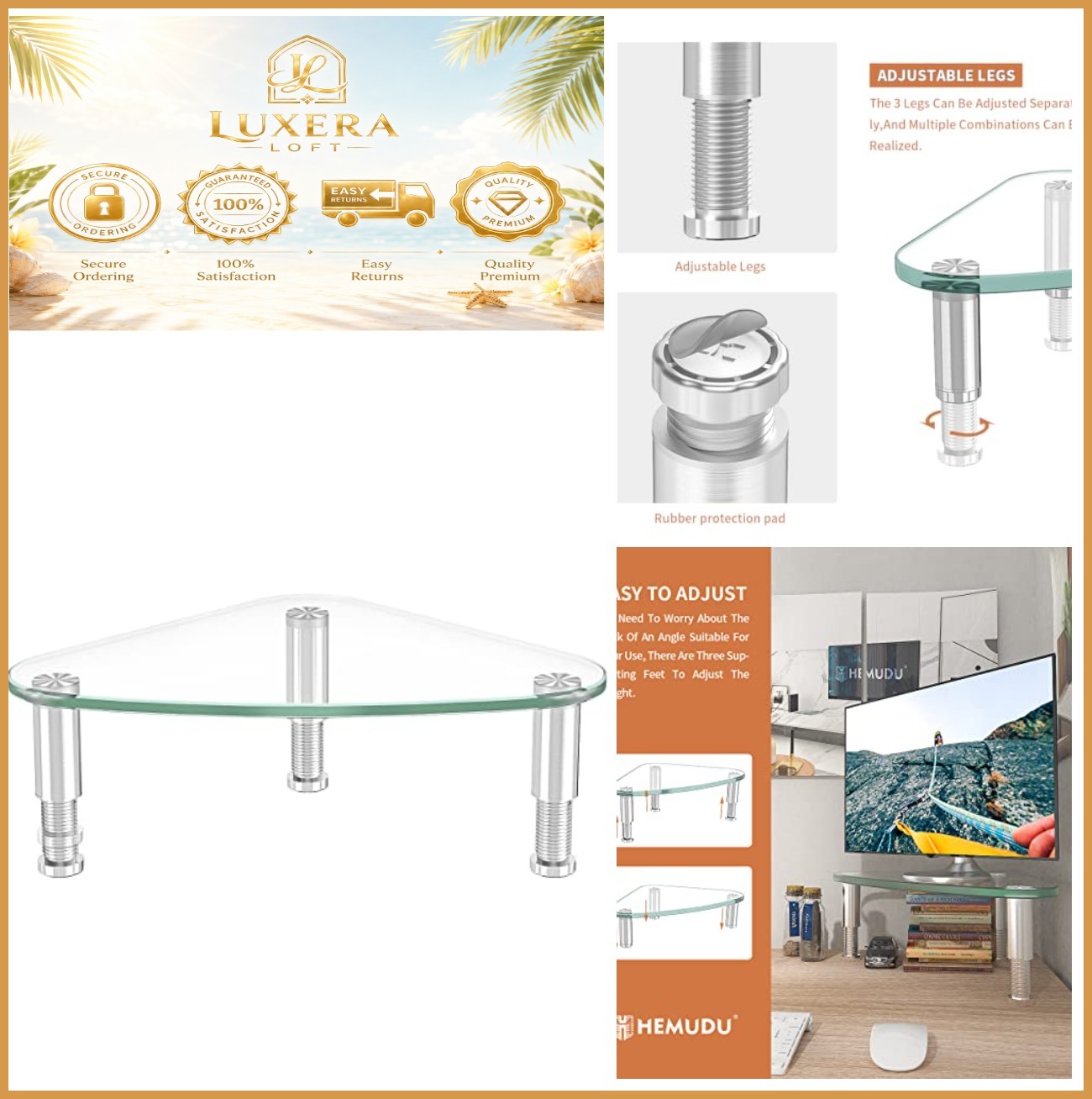 Clear Glass Monitor Riser Triangle Corner Stand Height Adjustable Ergonomic