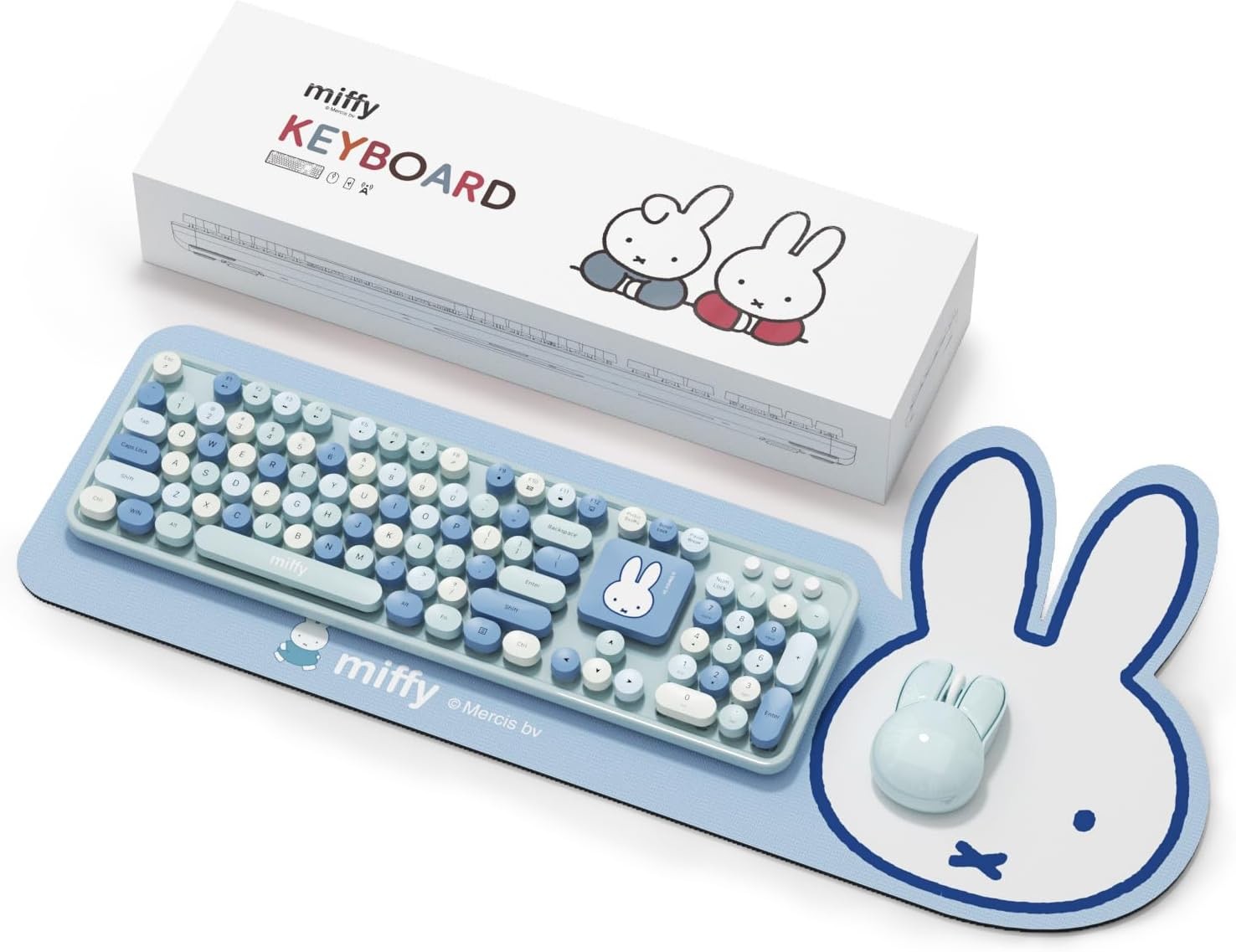 Miffy Wireless Keyboard Mouse Set 104 Keys Large Light Blue Desk Pad Ergonomic