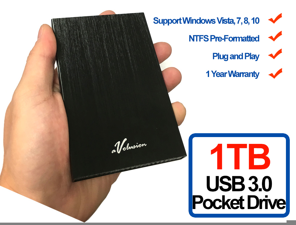 New Avolusion HD250U3 1TB USB 3.0 Portable External Hard Drive Ultra Slim -Black