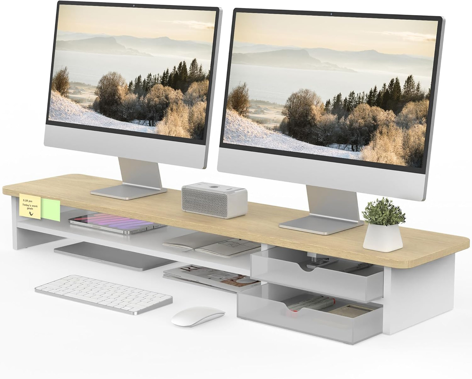 Dual Monitor Stand Riser with Drawer, 42.5 Inch Large Desk Organizer, Wood