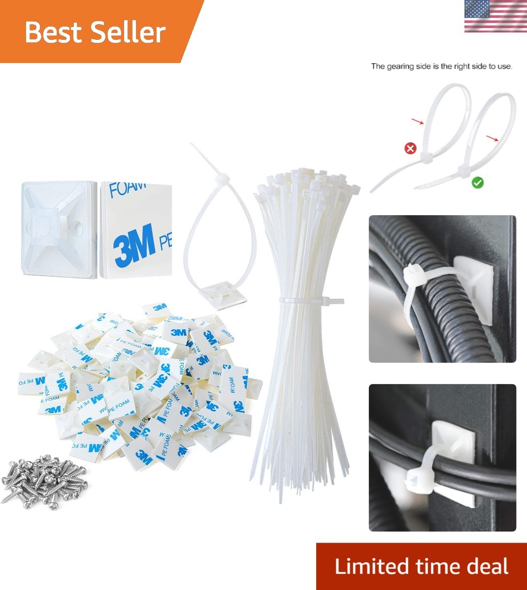 Durable 200pcs Self-Adhesive Cable Clips with 8" Ties for Efficient Organization