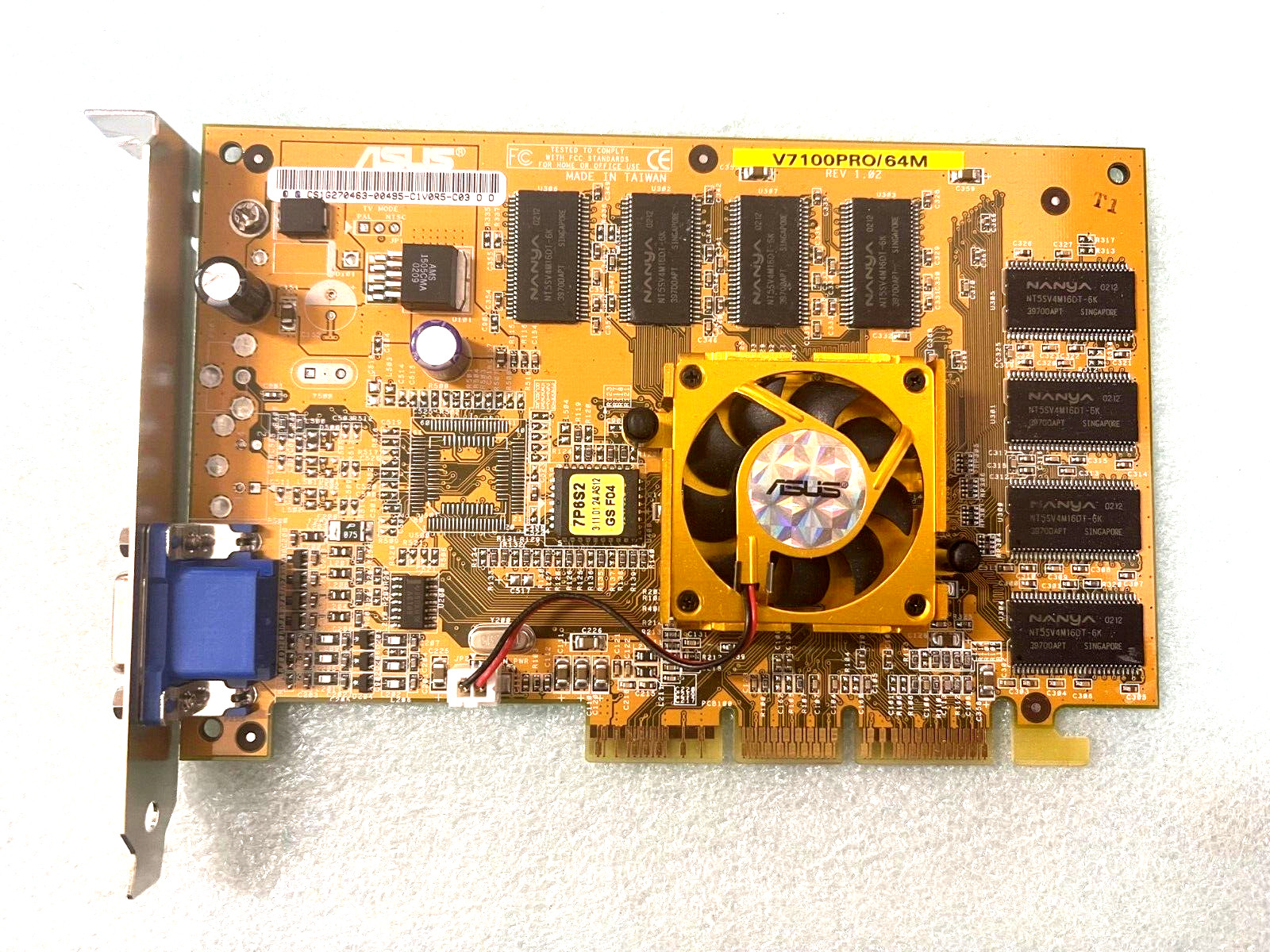 VINTAGE ASUS V7100PRO/64M GEFORCE2 MX400 AGP 64 MEG VGA CARD GOLD FAN MXB112