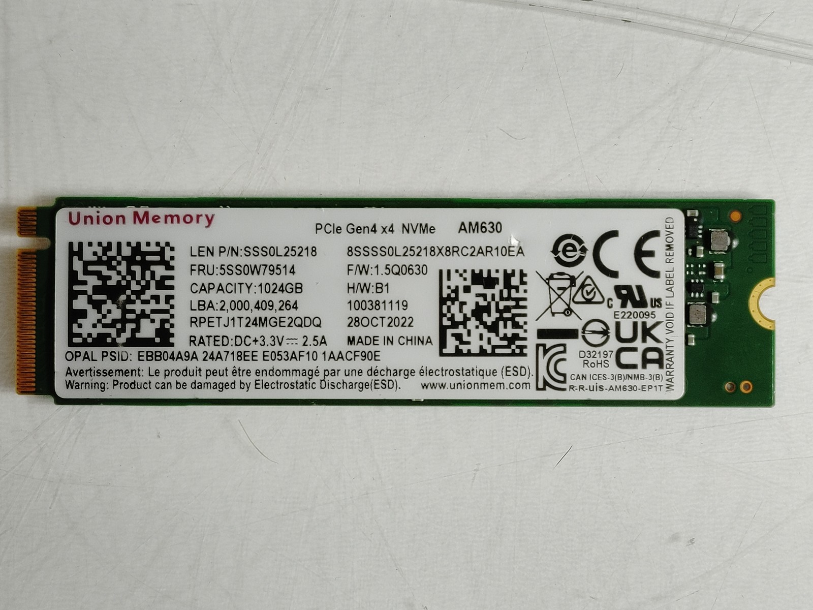 Union Memory AM630 RPETJ1T24MGE2QDQ 1 TB PCIe Gen4 80mm Solid State Drive