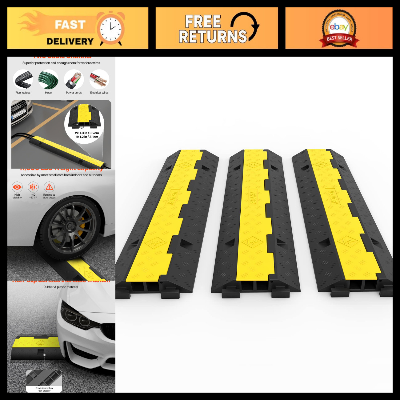 3 Pack 2 Channel Rubber Cable Protector Ramp - 11000lbs Axle Capacity, Driveway