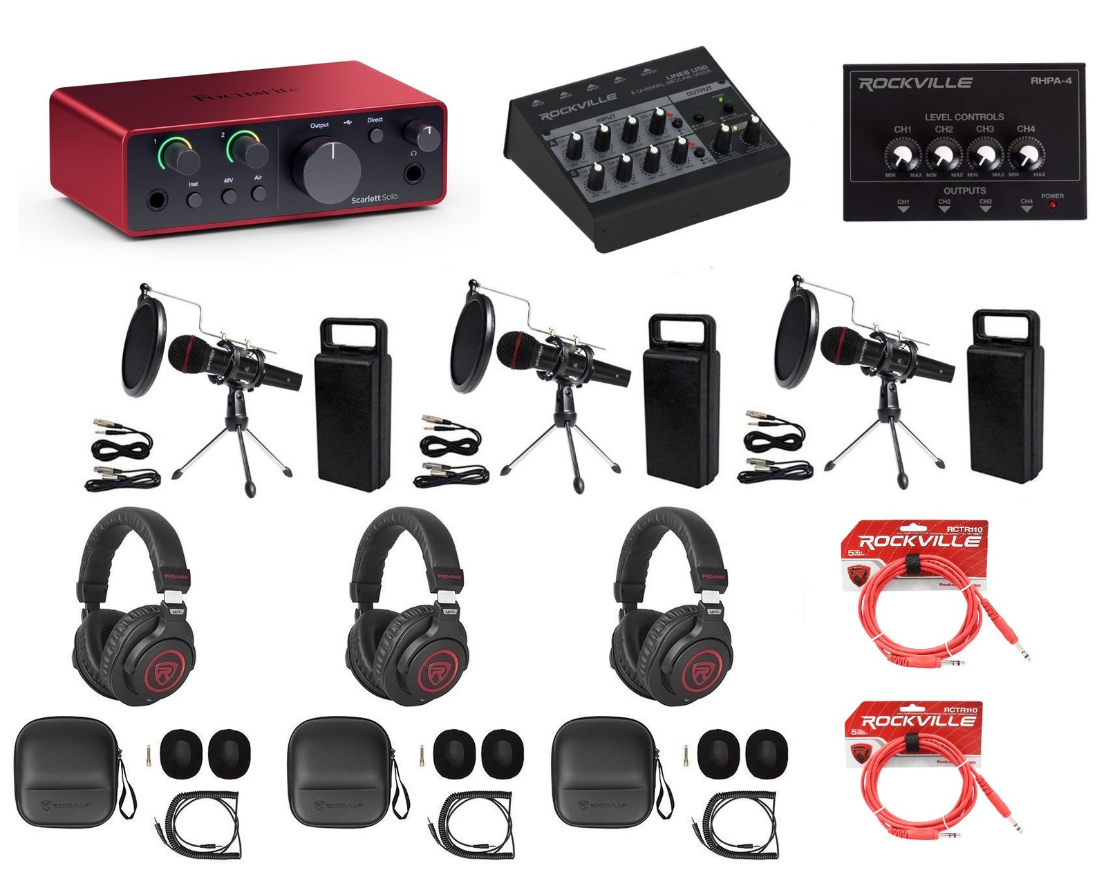 Focusrite 3-Person Podcast Podcasting Recording Kit w/Mics+Stands+Headphones