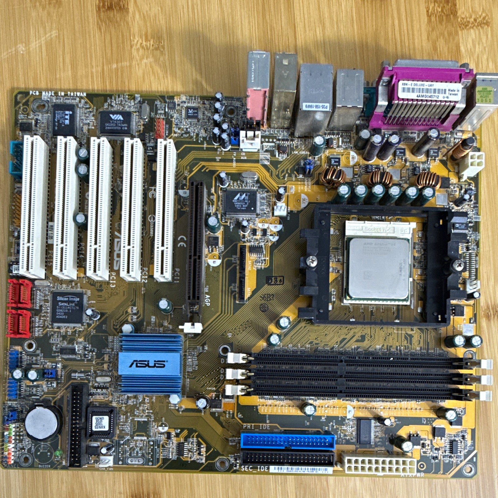 ASUS K8N-E Deluxe Motherboard Used, includes AMD Athlon 64 CPU