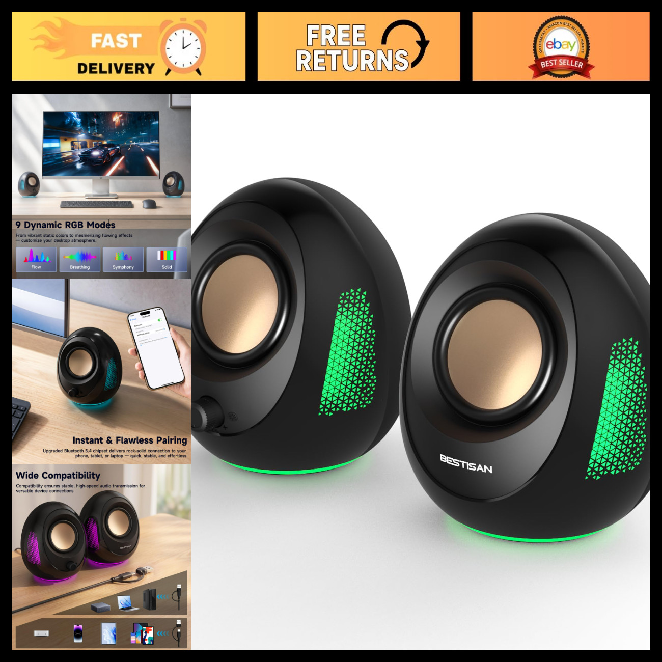 20W Bluetooth Computer Speakers, USB & USB-C, RGB Lights, Enhanced Bass, Gaming