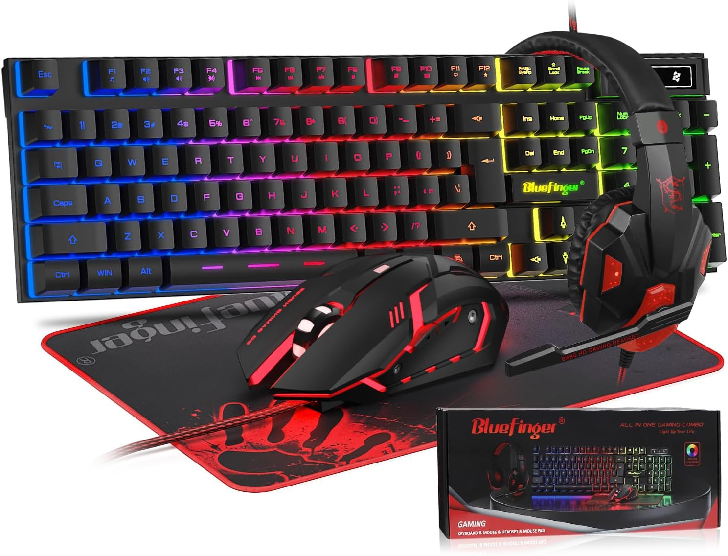 Bluefinger RGB Gaming Keyboard and Backlit Mouse and Headset Combo, USB Wired Ba
