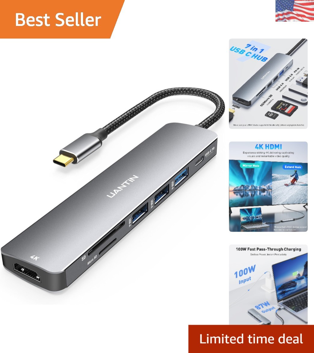 Lightweight 7-in-1 USB-C Hub Multiport Adapter - Fast, Durable, & Portable