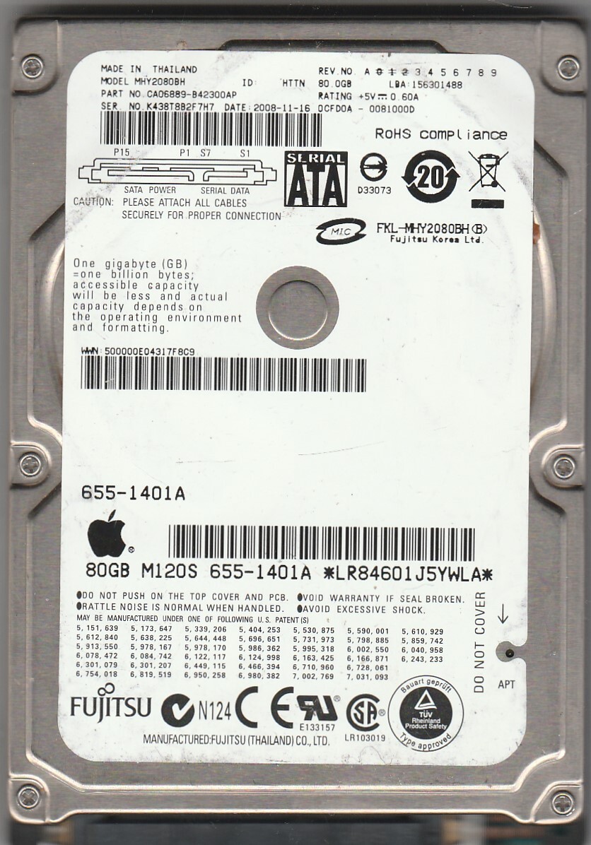 APPLE FUJITSU Travelstar Internal Disk Drive MHY2080BH 80GB  M120S 655-1401A