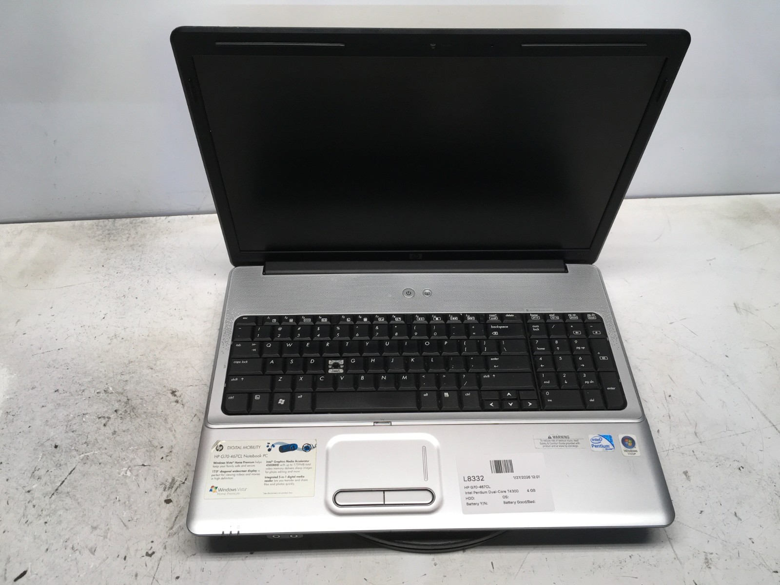 HP G70-467CL Intel Pentium Dual-Core T4300 2.1GHz 4 GB NO HDD