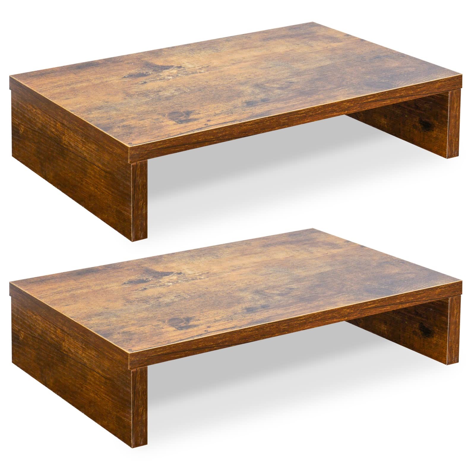 2 PCS Wood Monitor Riser Desk Stand For 2 Monitors Rustic Brown