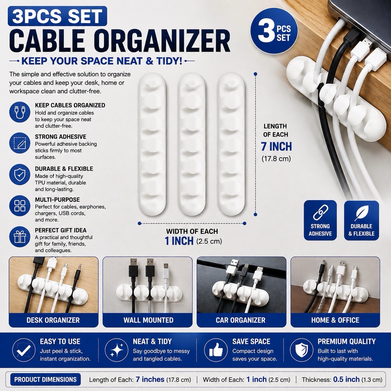 3-Pcs Cable Organizer – 7” Multi-Slot Cord Holder Set for Desk, Office & Home