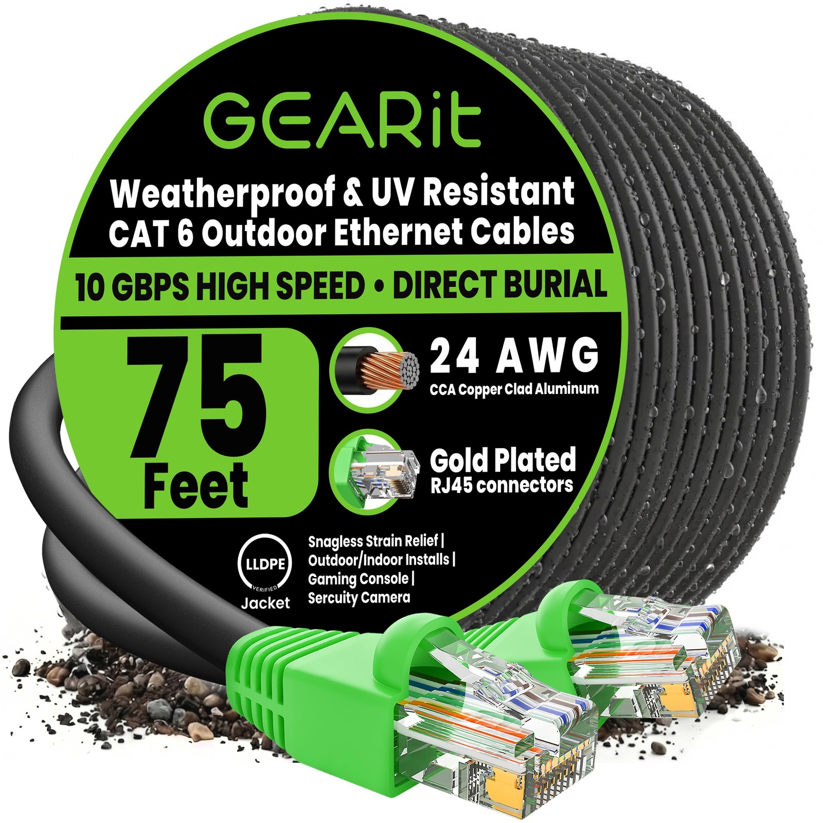 Cat6 Ethernet Cable 75ft, Outdoor Direct Burial Cat 6 Cable 24AWG High Speed ...
