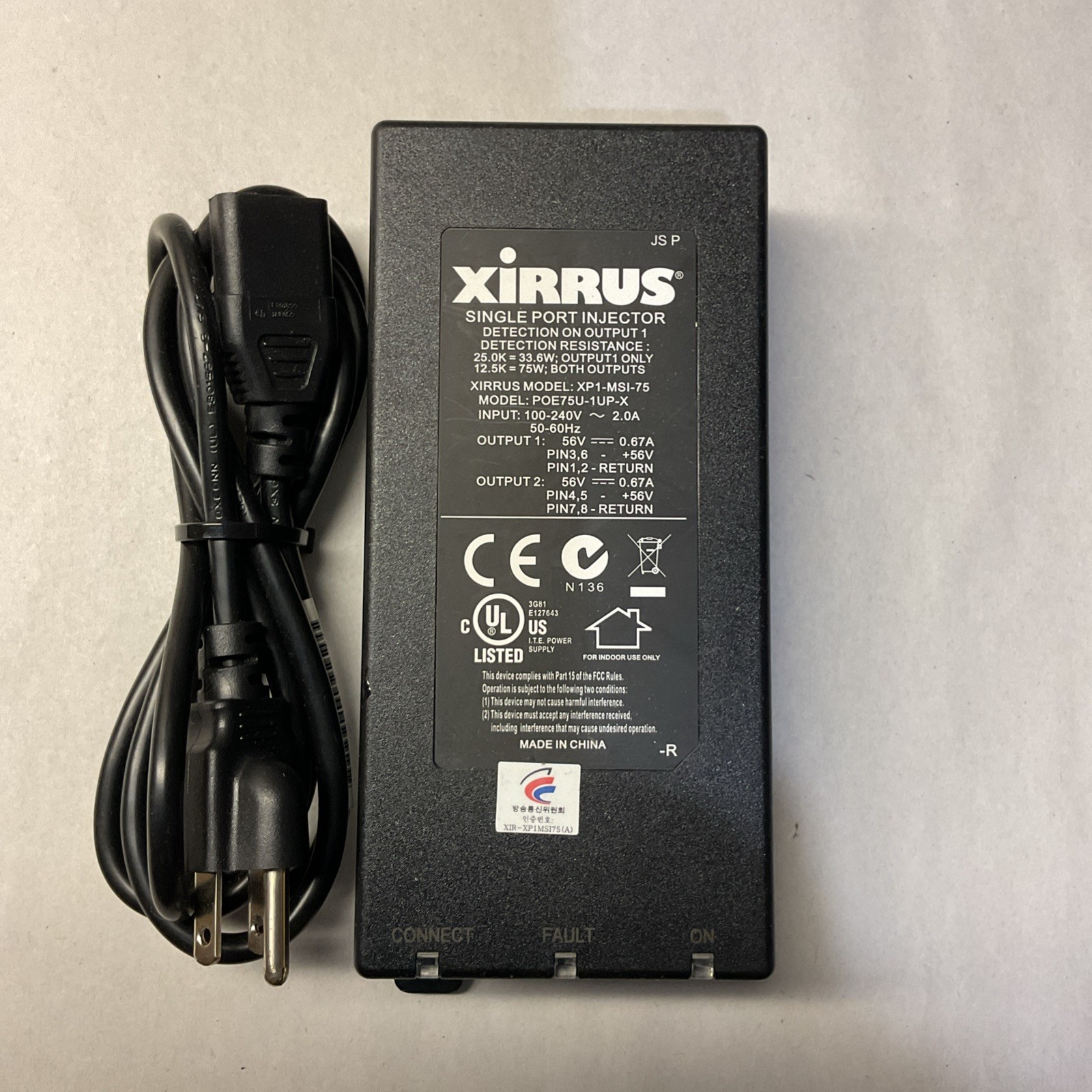 Xirrus POE75U-1UP-X  XP1-MSI-75 Single Port Injector  Power Over Ethernet