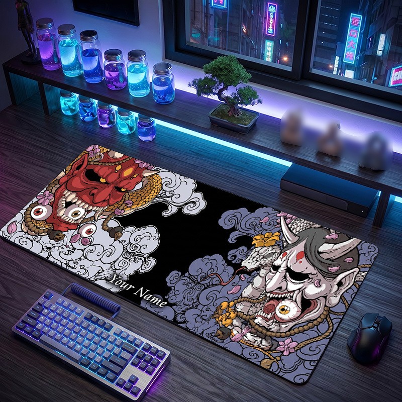 Japanese Demon Masks Theme Custom Name Mouse Pad Personalized Printed Desk Mat