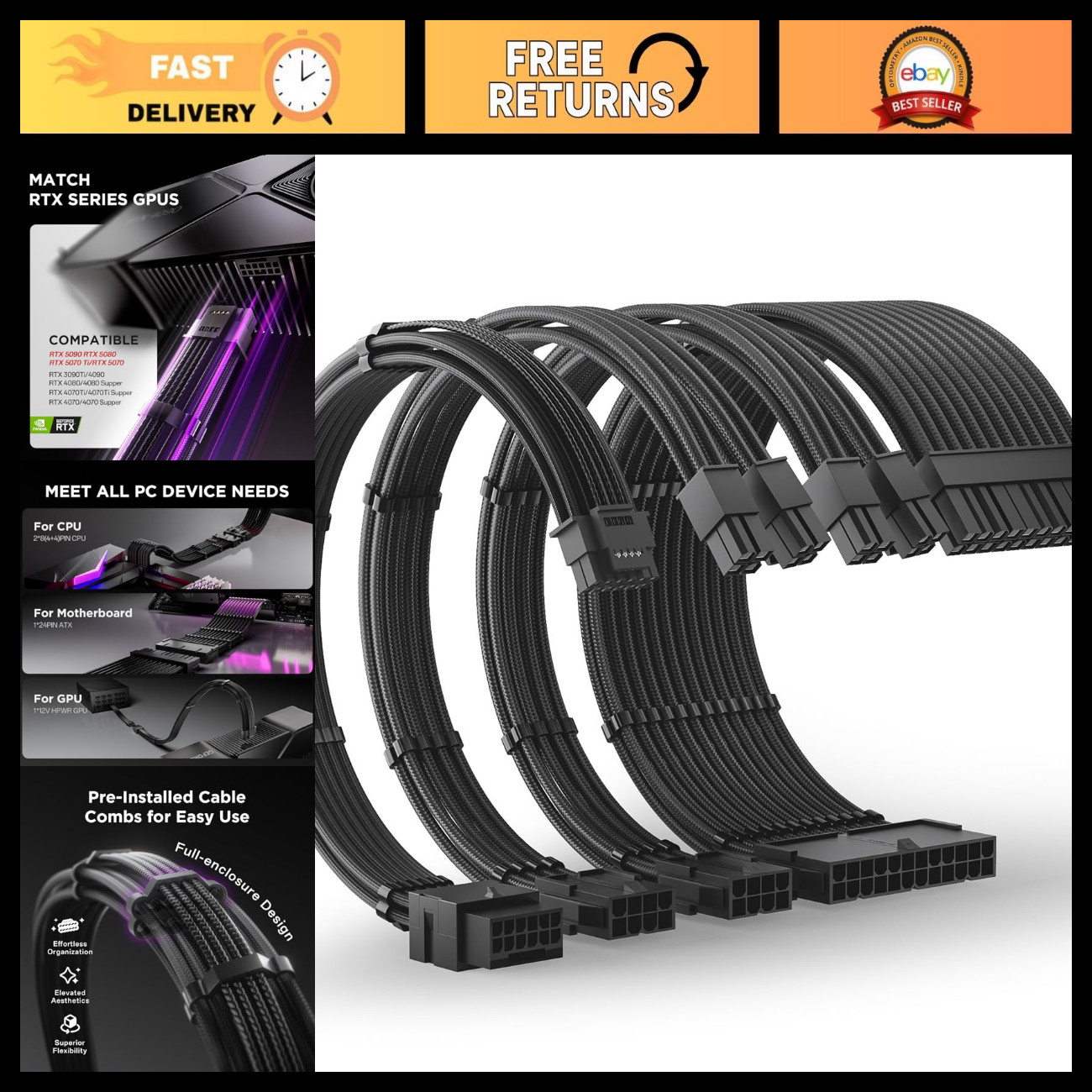12V PSU Extension Cable Kit for RTX 50/40 Series, 16AWG Braided 16PIN to 16PIN,