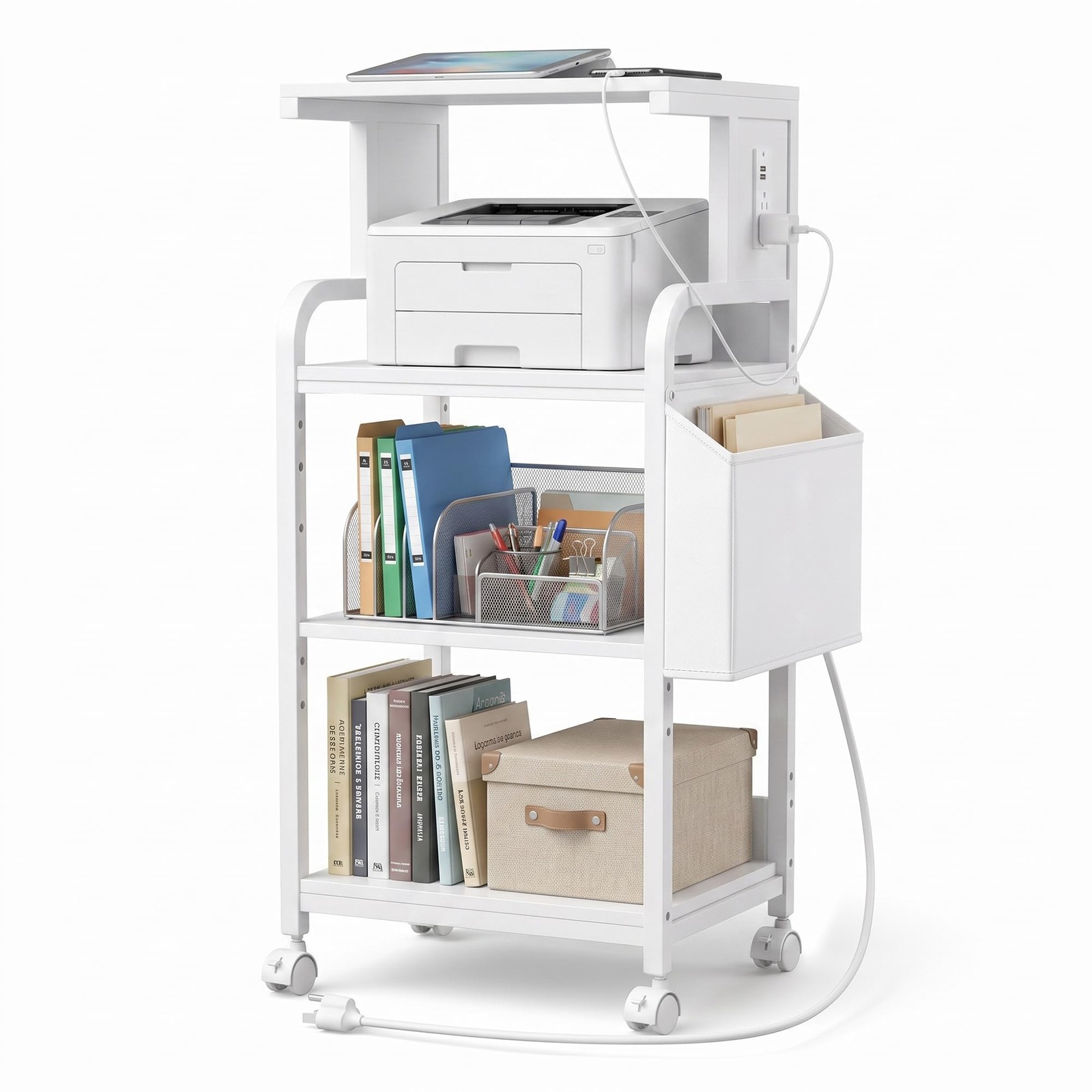Tall Printer Stand with Charging Station, 4-Tier Large Printer Table Adjustab...