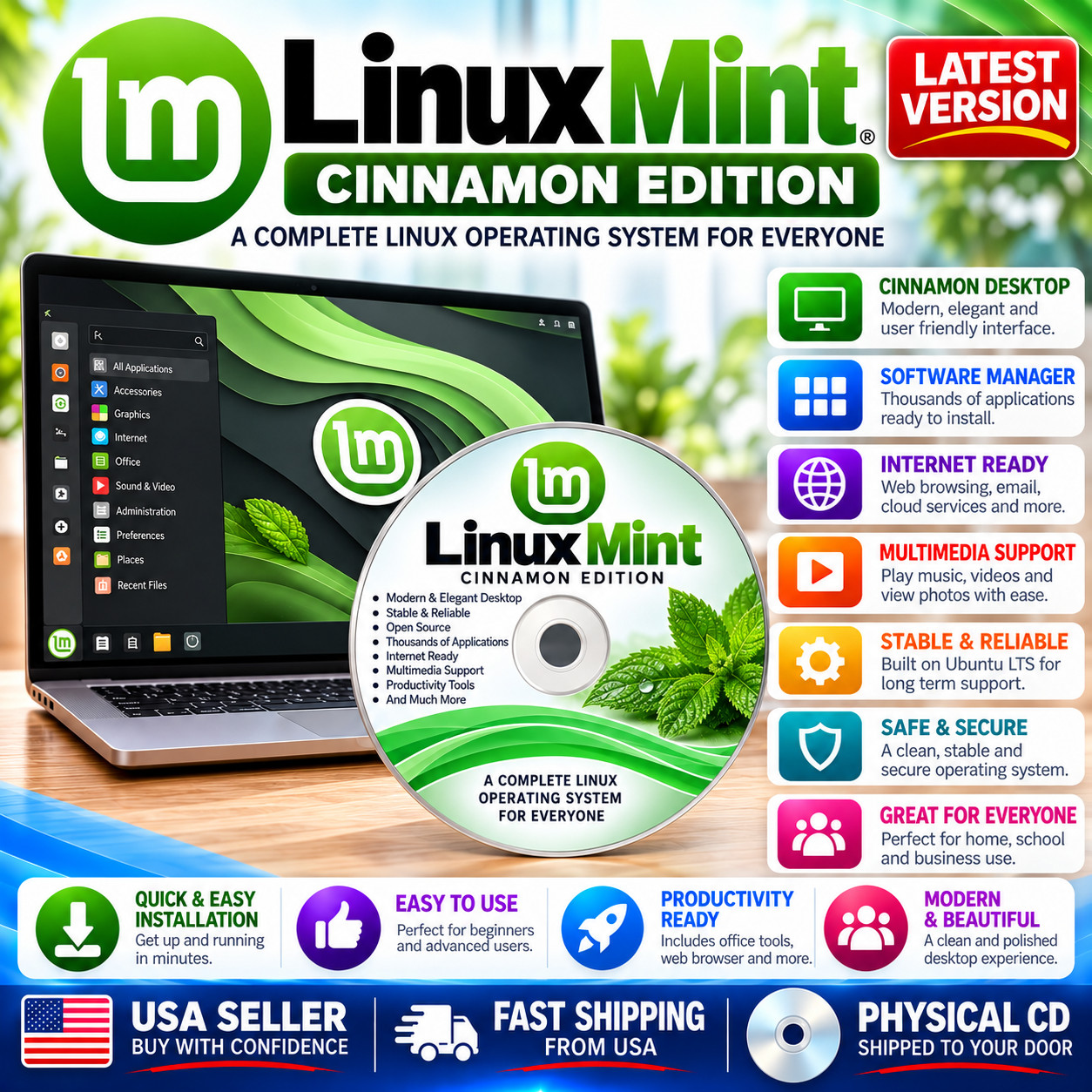 Linux Mint Cinnamon Live Install DVD Better Than Windows PC MAC With BONUS DVD