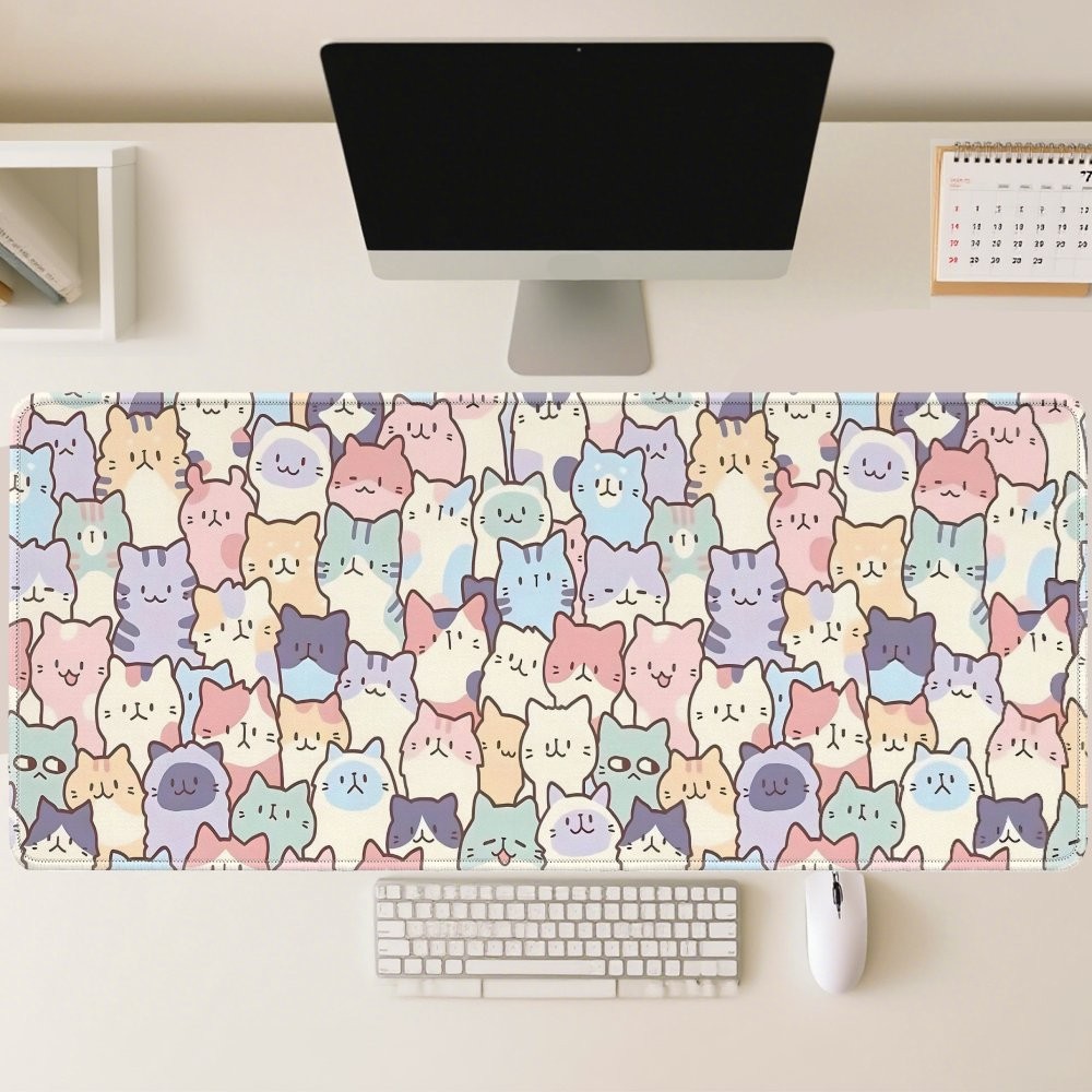 Large Cute Pink Cat Mouse Pad Compatible for Laptop/Keyboard - Extra Wide Non-