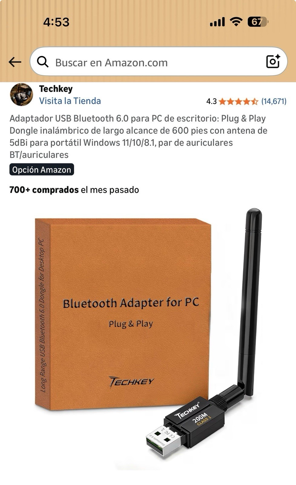 Techkey Bluetooth 6.0 USB Dongle 200M CLASS 1 for PC, Long Range Antenna