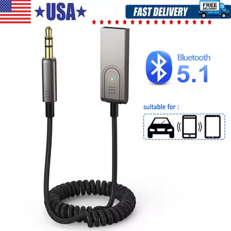USA Aux to Bluetooth 5.1 Adapter 3.5mm Bluetooth Receiver Microphone for Car Lot